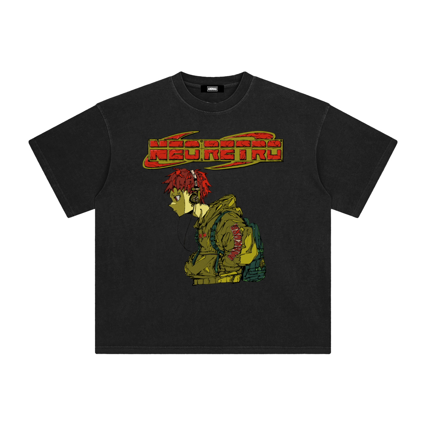 ANIMAG x MAKURA Neo RETRO oversized anime streetwear tee, black, front graphic print