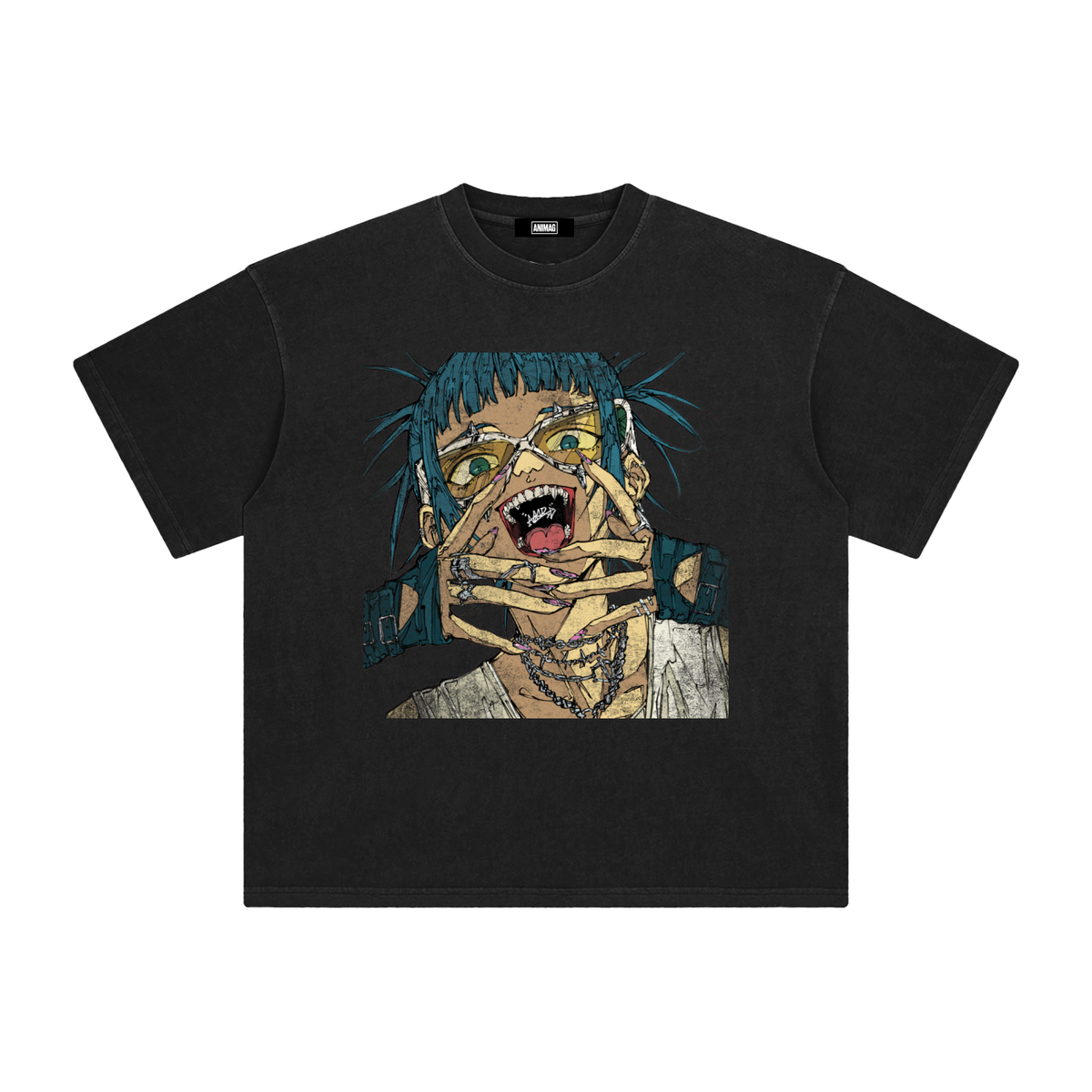 ANIMAG x MAKURA GILA oversized anime streetwear tee, front graphic print
